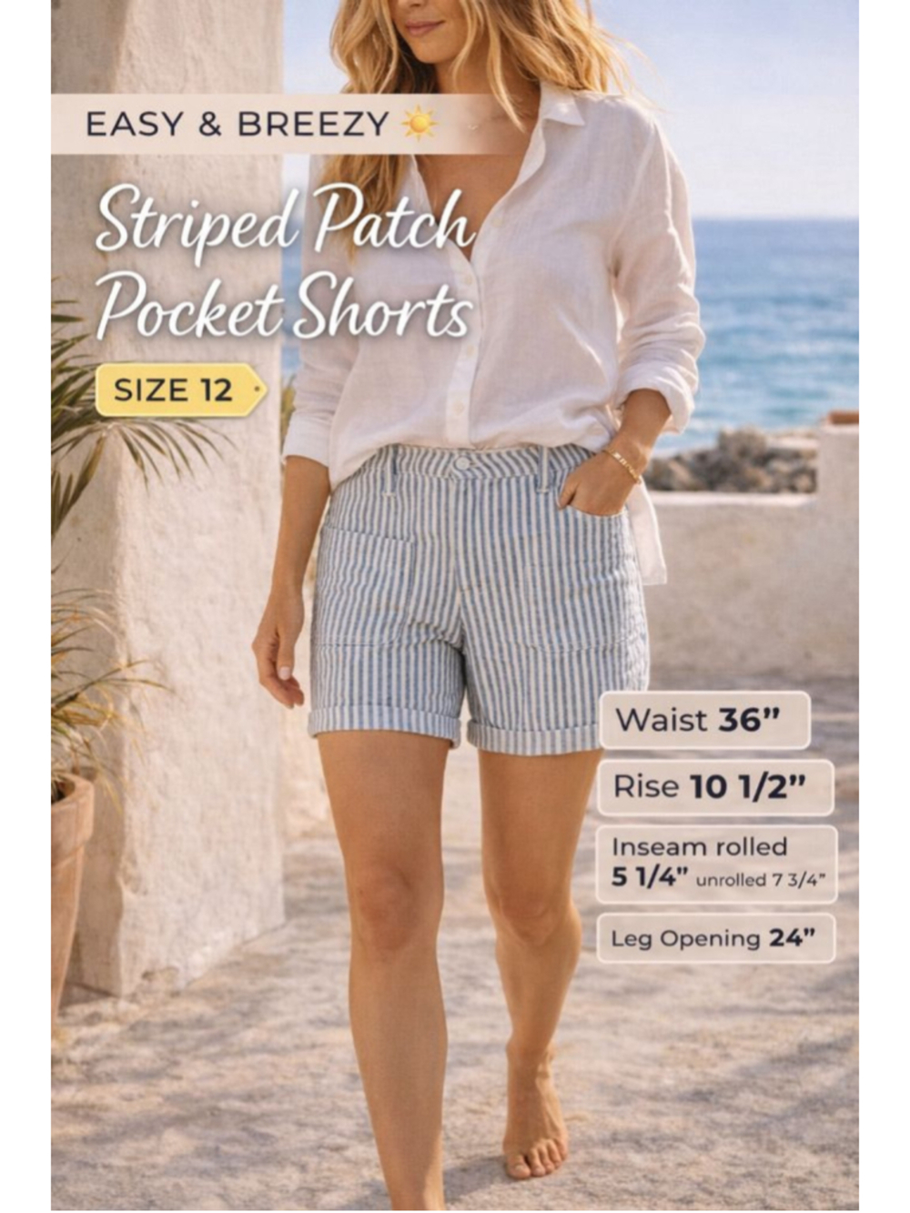 JAG Striped Patch Pocket Shorts Women’s Size 12 Blue White Coastal Nautical